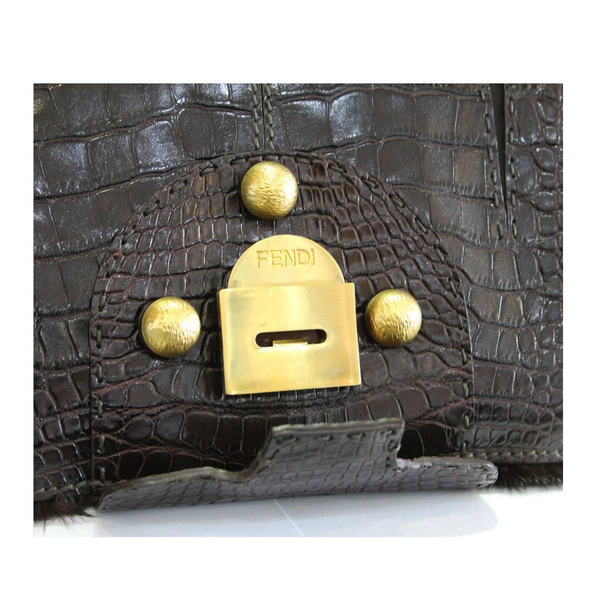 Fendi Rare Secret Code 8BN199 Brown Alligator & Mink Satchel Handbag Purse For Sale 2