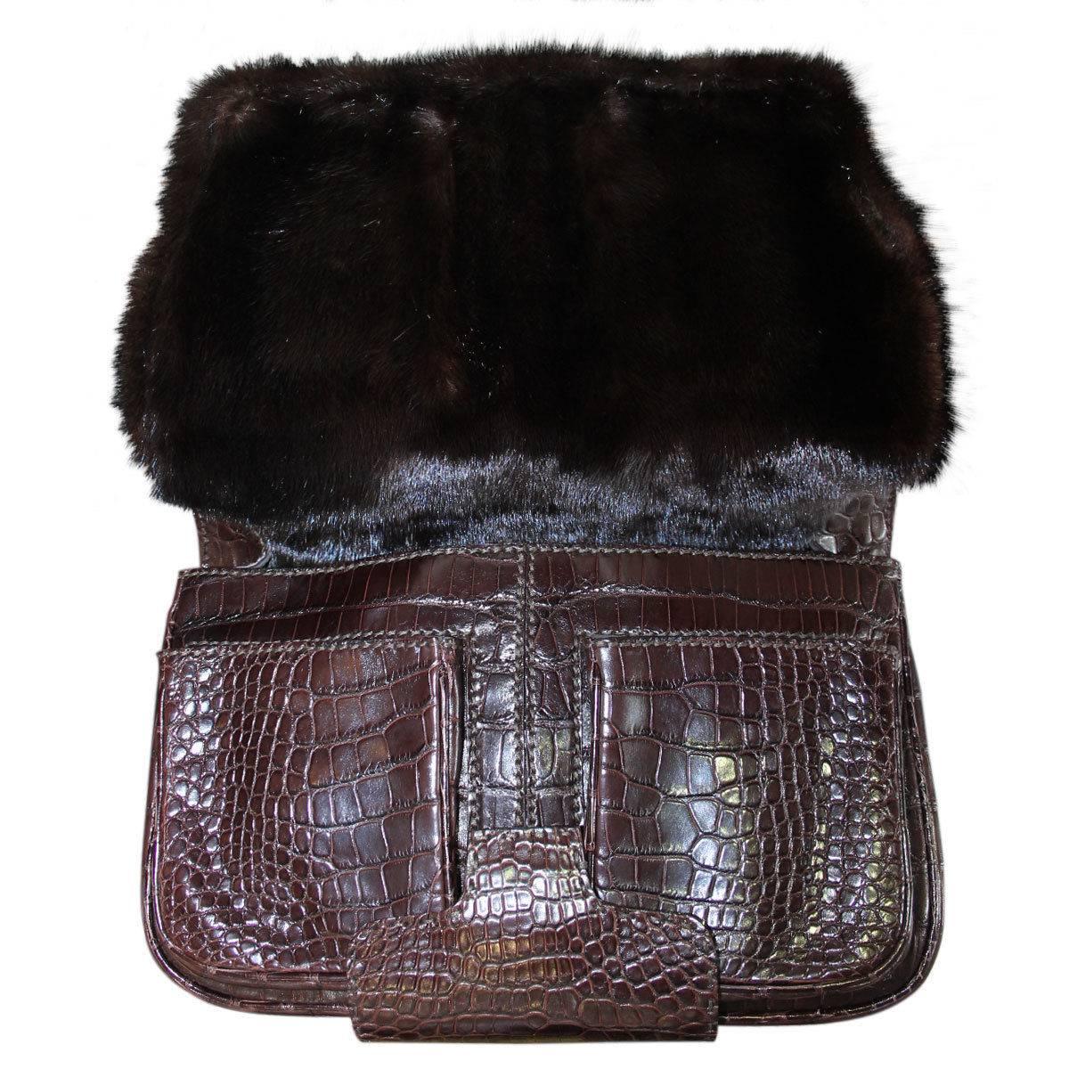 Women's Fendi Rare Secret Code 8BN199 Brown Alligator & Mink Satchel Handbag Purse For Sale