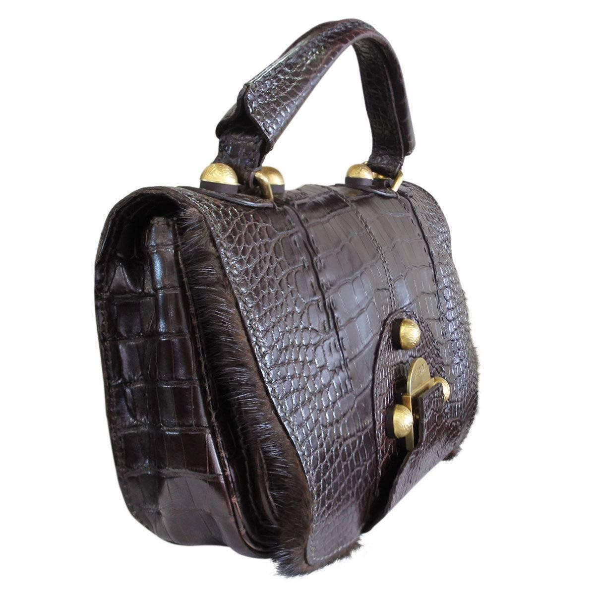 Black Fendi Rare Secret Code 8BN199 Brown Alligator & Mink Satchel Handbag Purse For Sale