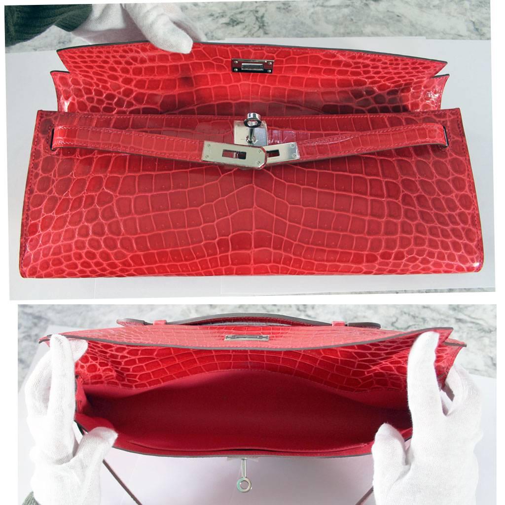 Women's Hermes Kelly Cut Crocodile Shiny Porosus Bouganvillea Clutch Bag in Box