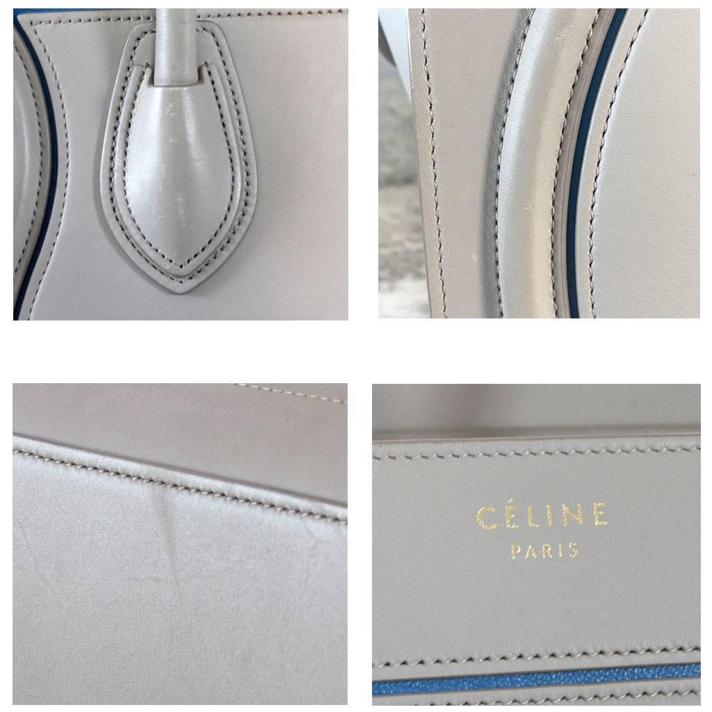 Gray Celine Micro Luggage Light Taupe Calfskin Tote Handbag with Blue Piping