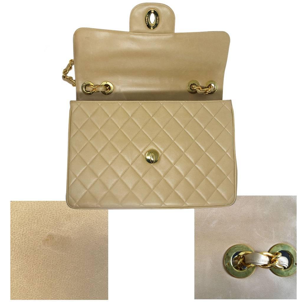 Chanel Beige/Tan Vintage Quilted Lambskin Maxi Single Flap Bag GHW No. 3 In Good Condition In Boca Raton, FL
