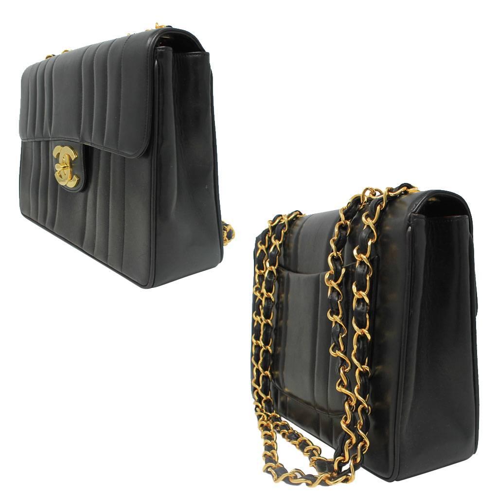 Chanel Black Quilted Lambskin Vertical Maxi Flap GHW Vintage Handbag at