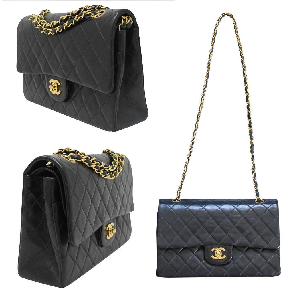 Chanel Double Flap Black Quilted Lambskin Vintage Bag in Box No. 2 In Good Condition In Boca Raton, FL