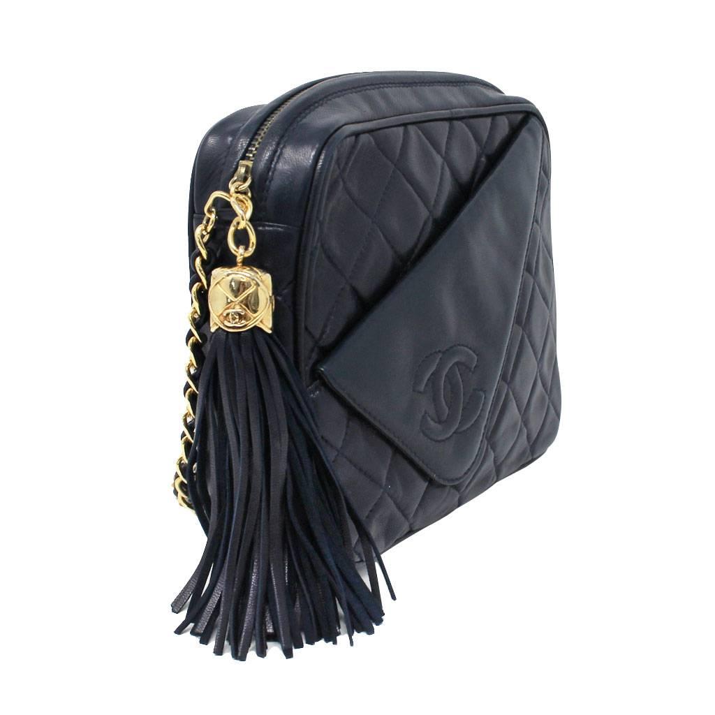 Black Chanel Navy Matelasse Tassel Lambskin GHW Shoulder Bag w/ Dust Bag