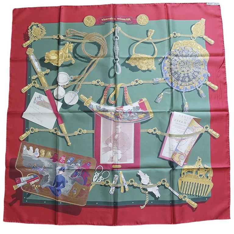 Hermes 100 Silk Memoire d'Hermes Red/Green/Gold Scarf at 1stDibs