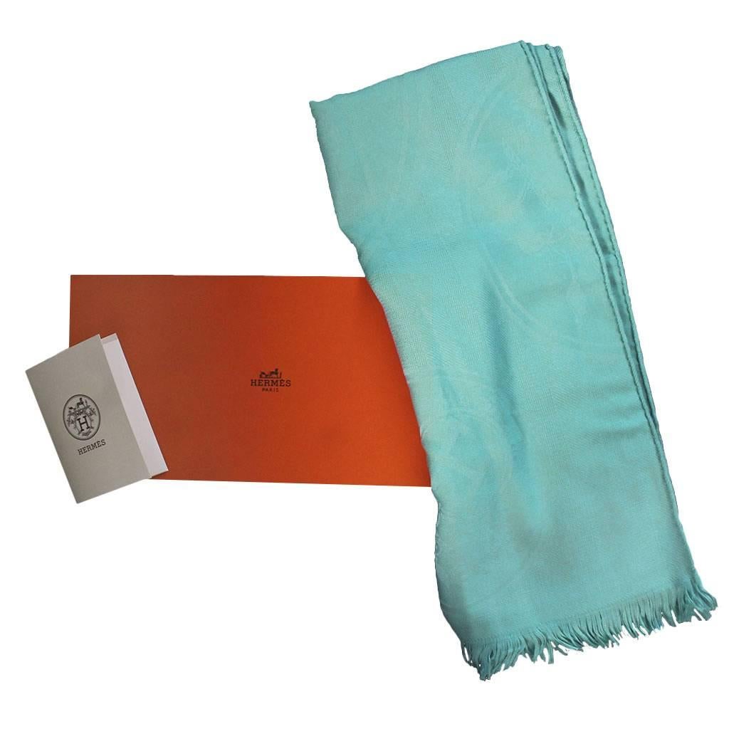 Women's or Men's Hermes Ex Libris Cashmere/Silk Menthol Colored Stole in Box with Receipt