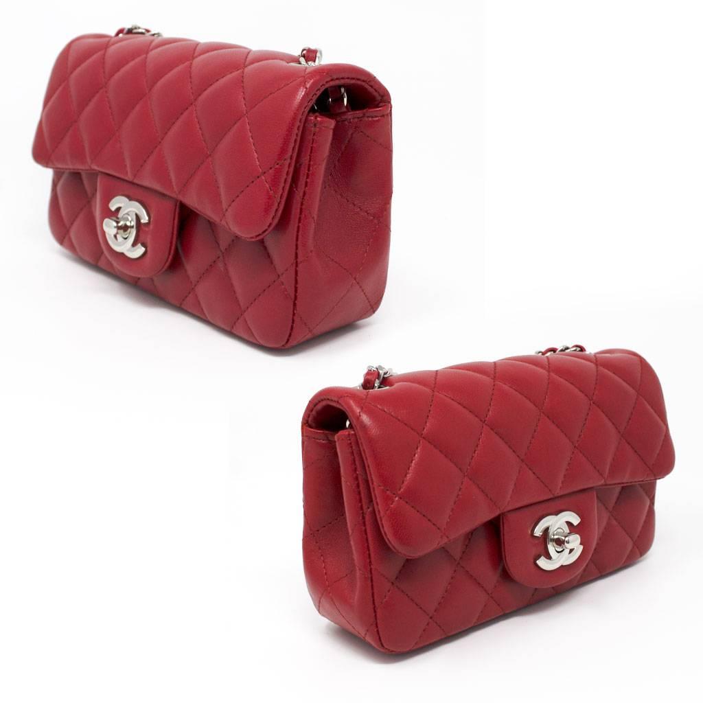 Chanel Red Lambskin Quilted Mini Flap Handbag in Box In Excellent Condition In Boca Raton, FL