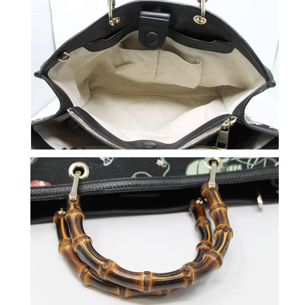 Gucci Kris Knight Black Canvas Floral Bamboo Tote Handbag 1