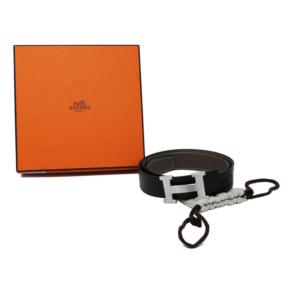 Women's or Men's Hermes Stainless Steel H Belt Buckle on Black/Etoupe Belt Size 90 in Box