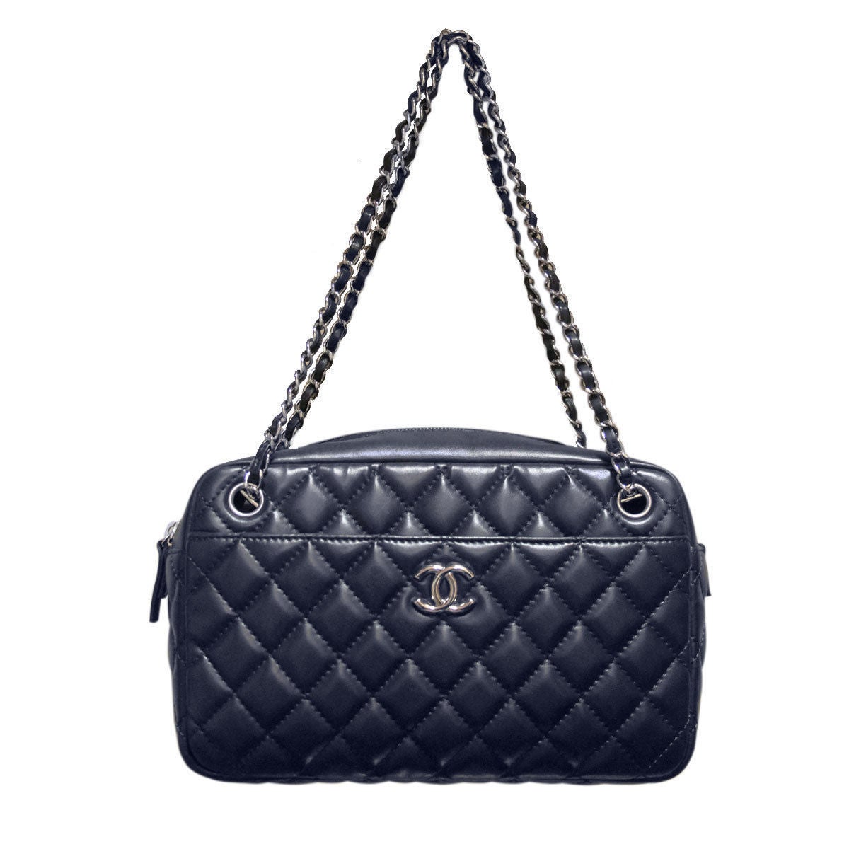 Brand: Chanel
Style: Camera Bag
Handles: Navy Lambskin Leather Braided in Silver Tone Hardware Chain
Measurements: 12