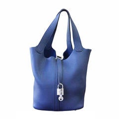 Hermes Picotin MM Bleu de Malte Leather Handbag