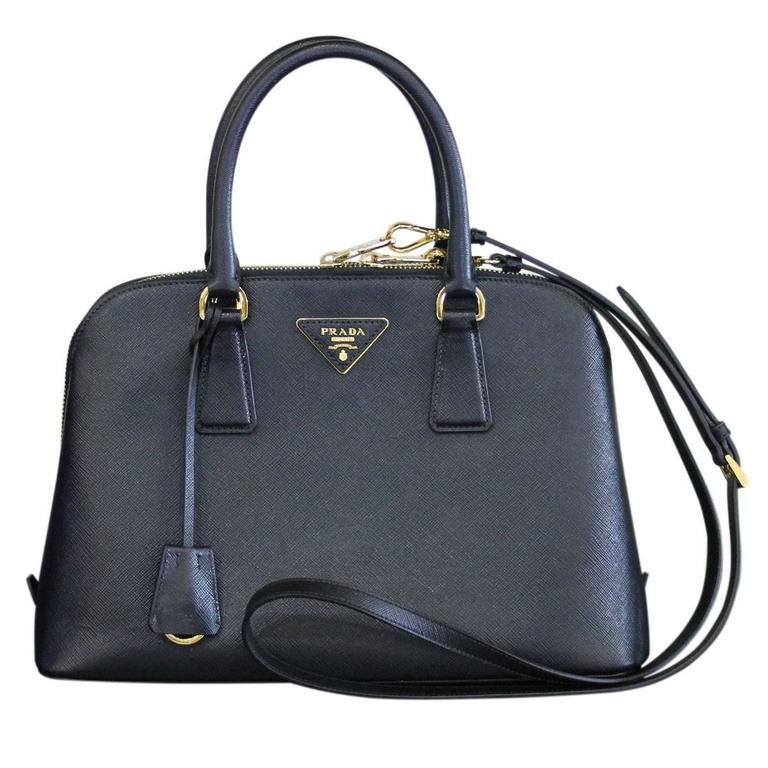Prada Saffiano Black Leather Double ZipTop Tote Shoulder Bag at