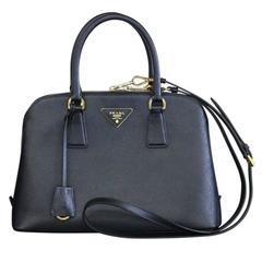 Prada Saffiano Black Leather Double Zip-Top Tote Shoulder Bag