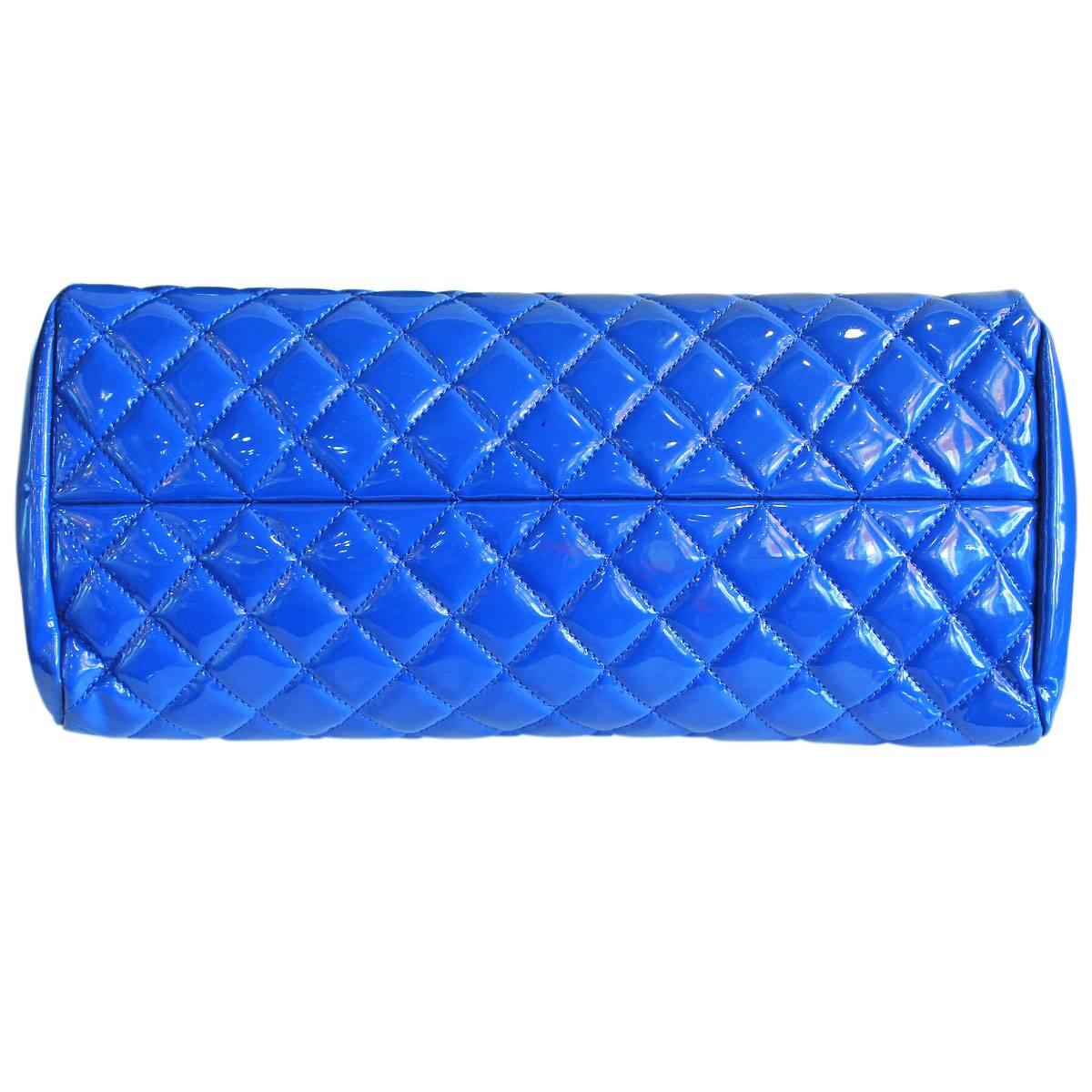 Chanel Blue Quilted Patent Leather Just Mademoiselle Bowler Bag 2013 In Excellent Condition In Boca Raton, FL