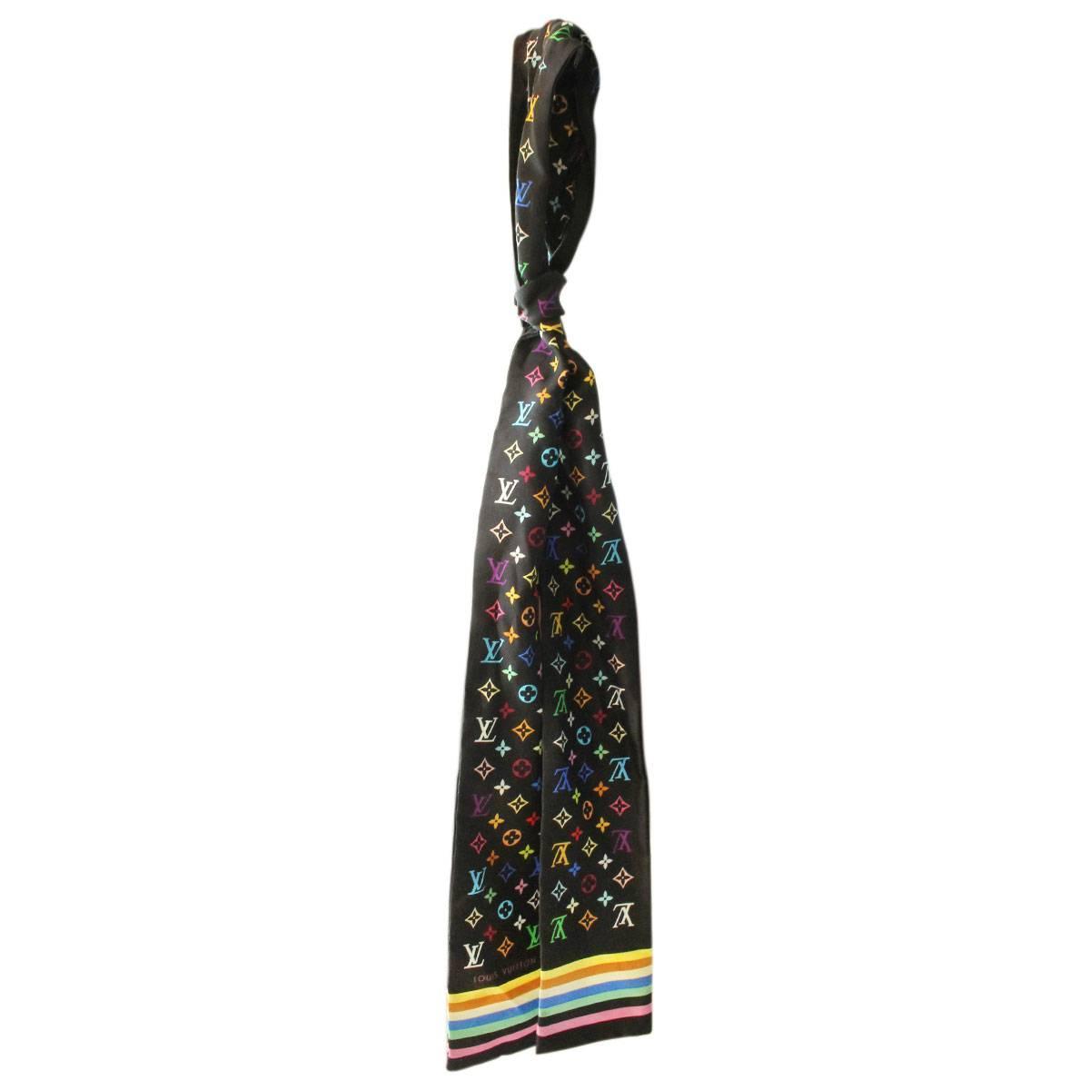 Louis Vuitton Multicolor Black Silk Twilly Scarf at 1stdibs