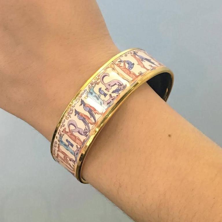 Hermes Enamel Printed Multi Color Animal Gold Tone Narrow Bangle