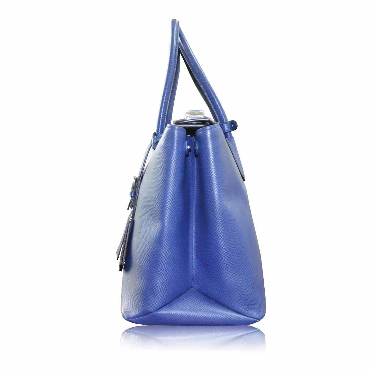 Prada Saffiano Cuir Twin Bag Blue Leather Tote Handbag In Excellent Condition In Boca Raton, FL
