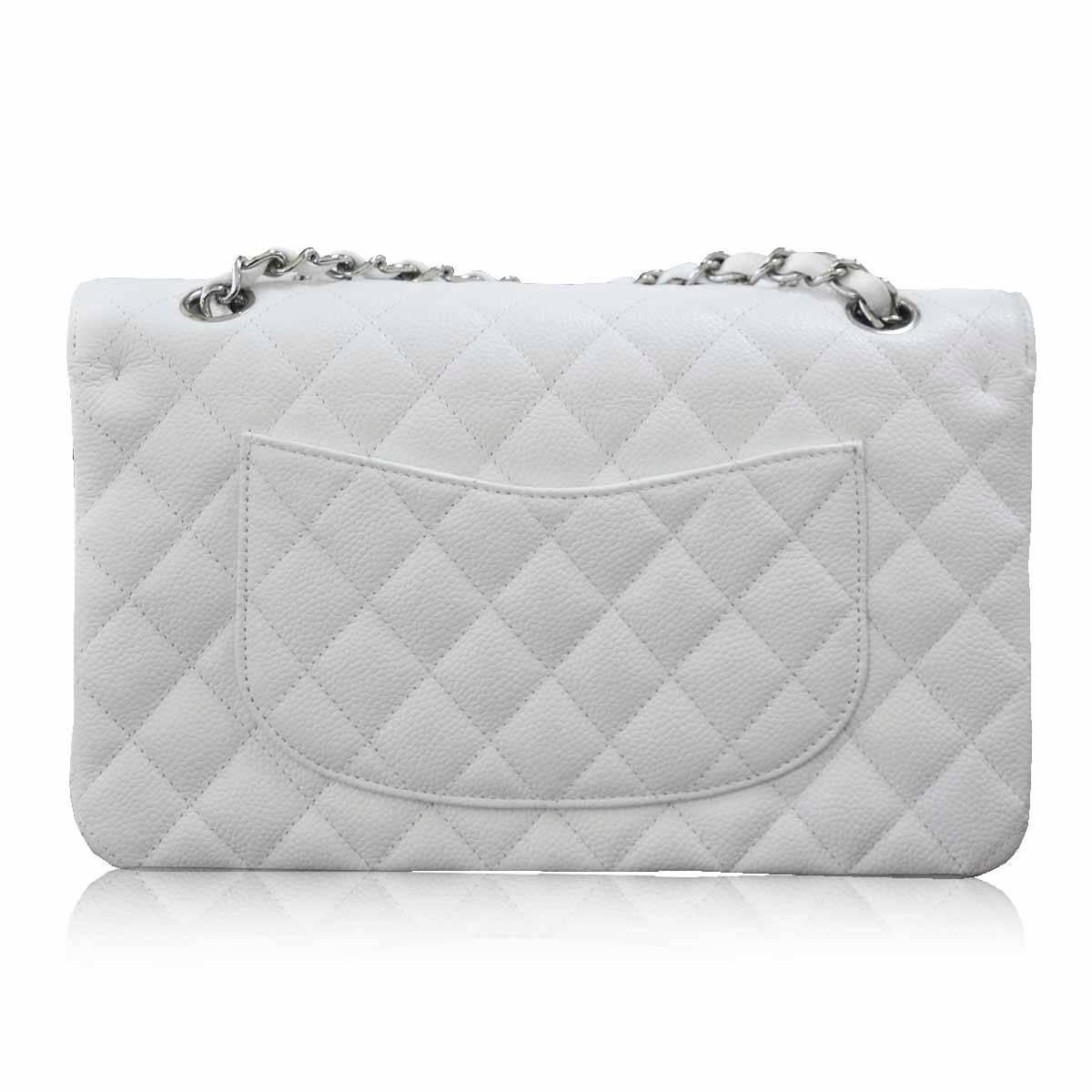 Company - Chanel
Model - Double Flap Bag
Size - Medium
Measurements - 10″ L x 6″ H x 2.5″ D
Pockets - 2 Interior Pockets
Hardware - Silver Toned
Condition - The bag is in excellent condition.  It appears as if it was rarely ever worn.  The