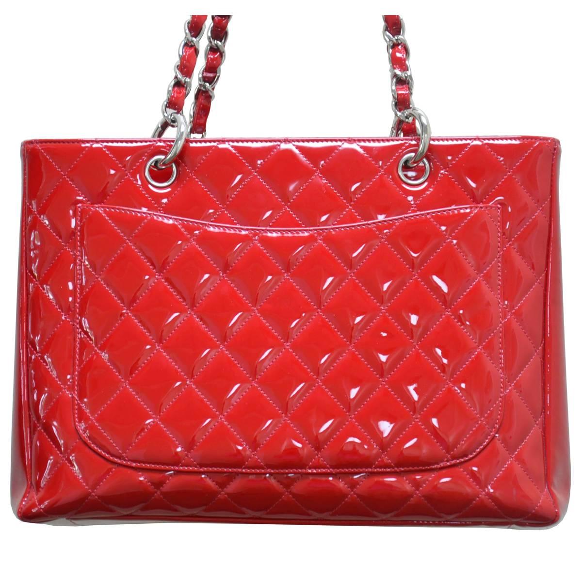 Chanel Red Patent Leather Grand Shopper Tote GST Handbag 1