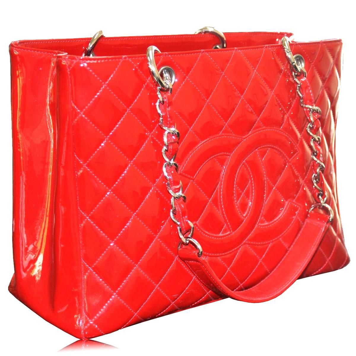 Chanel Red Patent Leather Grand Shopper Tote GST Handbag 3