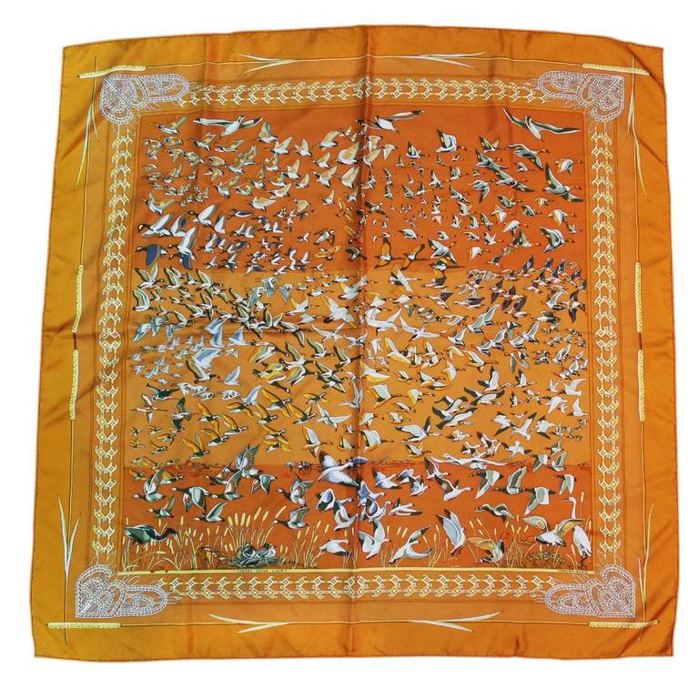 Hermes 100 Silk Orange Libres Comme L'Air Geese Scarf at 1stDibs