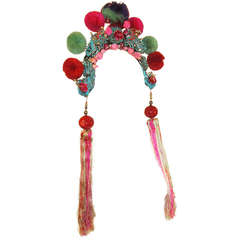 Vintage 20th Century Chinese Wedding/Theater Headdress with Pom-Poms