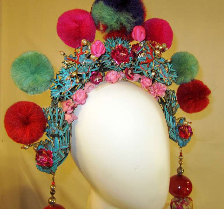 Women's 20th Century Chinese Wedding/Theater Headdress with Pom-Poms For Sale