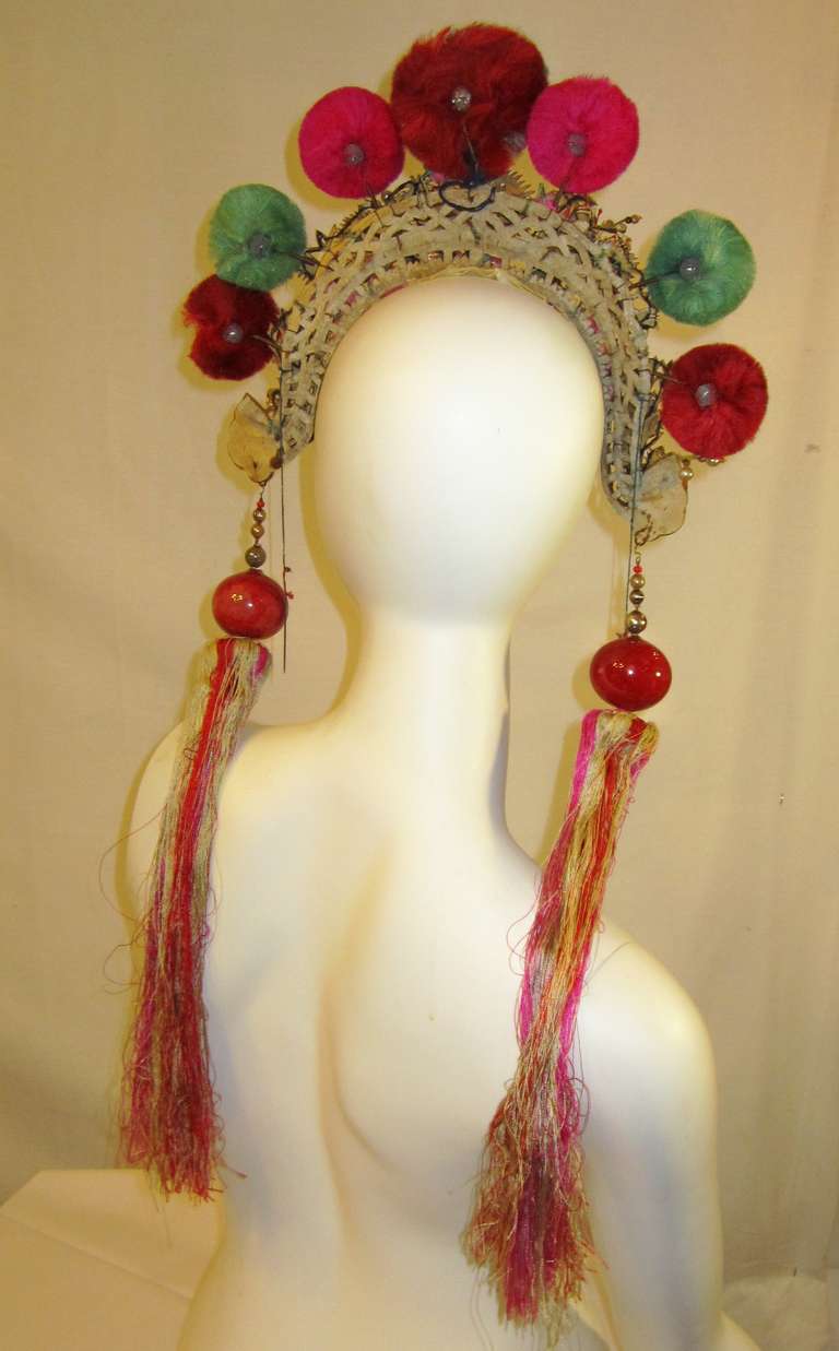 20th Century Chinese Wedding/Theater Headdress with Pom-Poms In Excellent Condition For Sale In Oradell, NJ