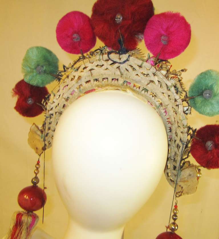 20th Century Chinese Wedding/Theater Headdress with Pom-Poms For Sale 3