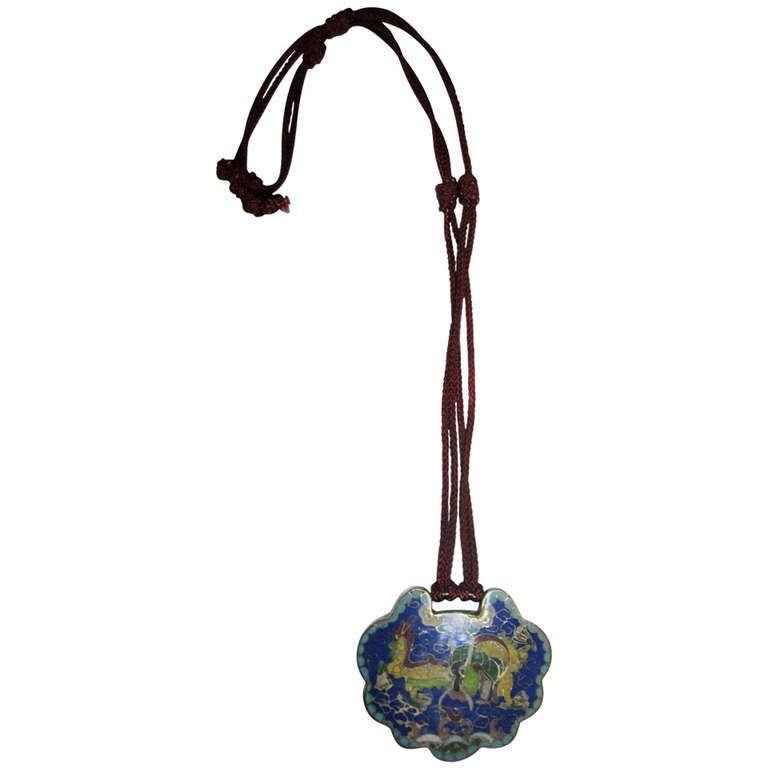 Vintage Chinese Cloisonne Lock on Knotted Cord For Sale