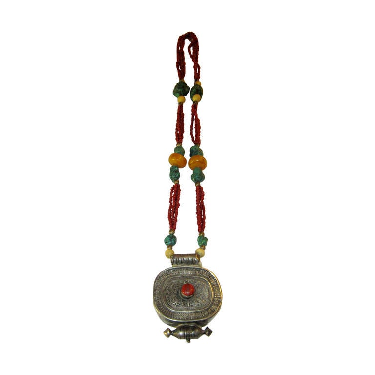 Antique Tibetan Silver Gau Necklace For Sale