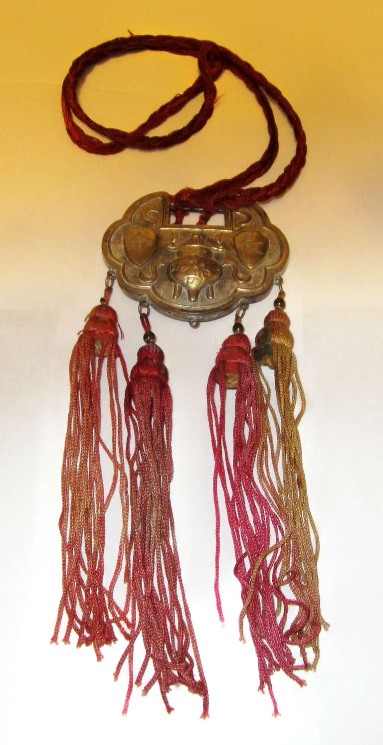 Antique Chinese Silver Lock Necklace on Cord with Tassels