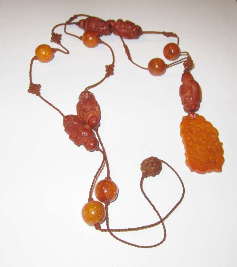 Women's Antique Chinese Amber and Heidao Beaded Necklace with Pendant
