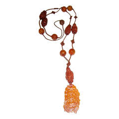 Antique Chinese Amber and Heidao Beaded Necklace with Pendant