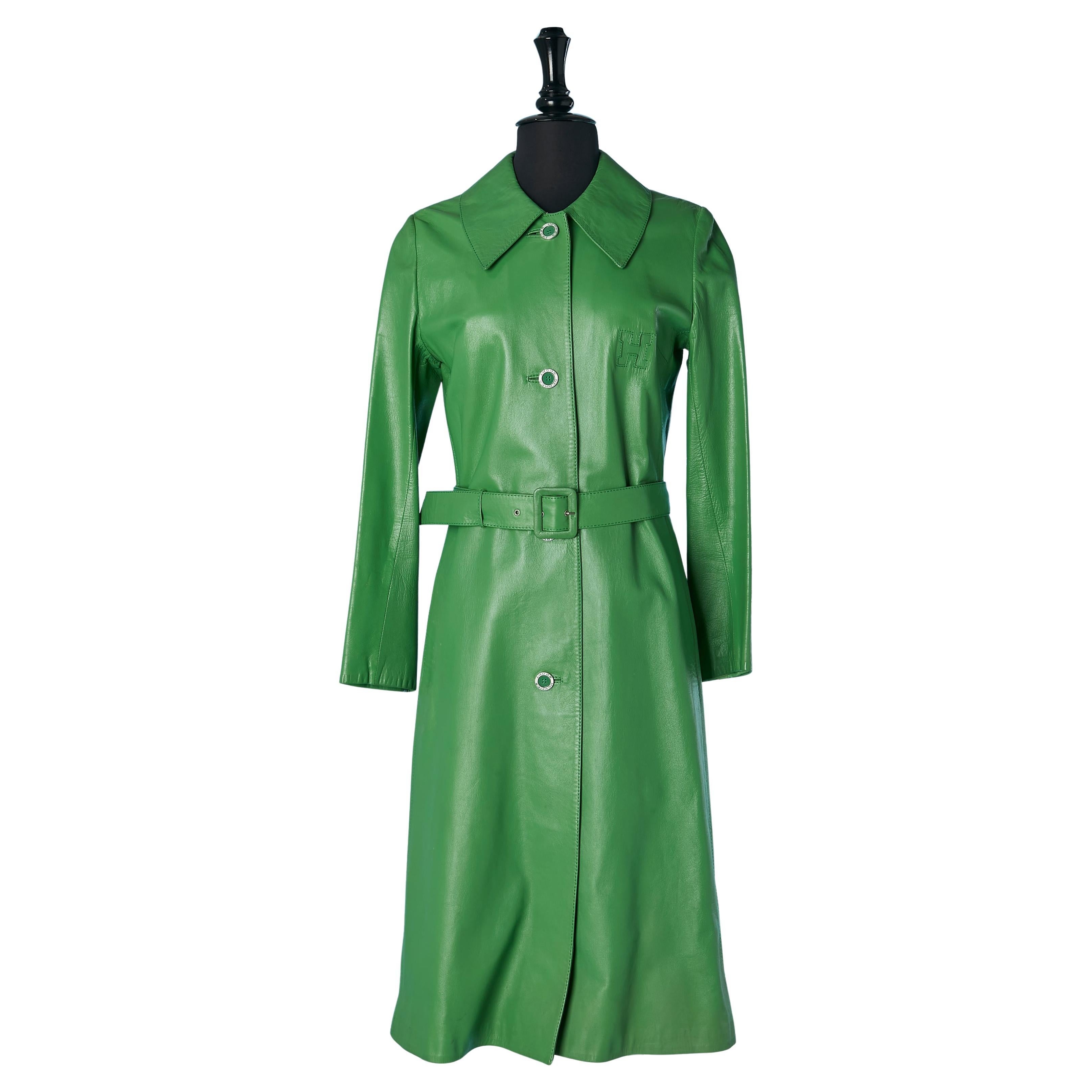 Manteau en cuir vert à simple boutonnage avec ceinture HERMES SPORT