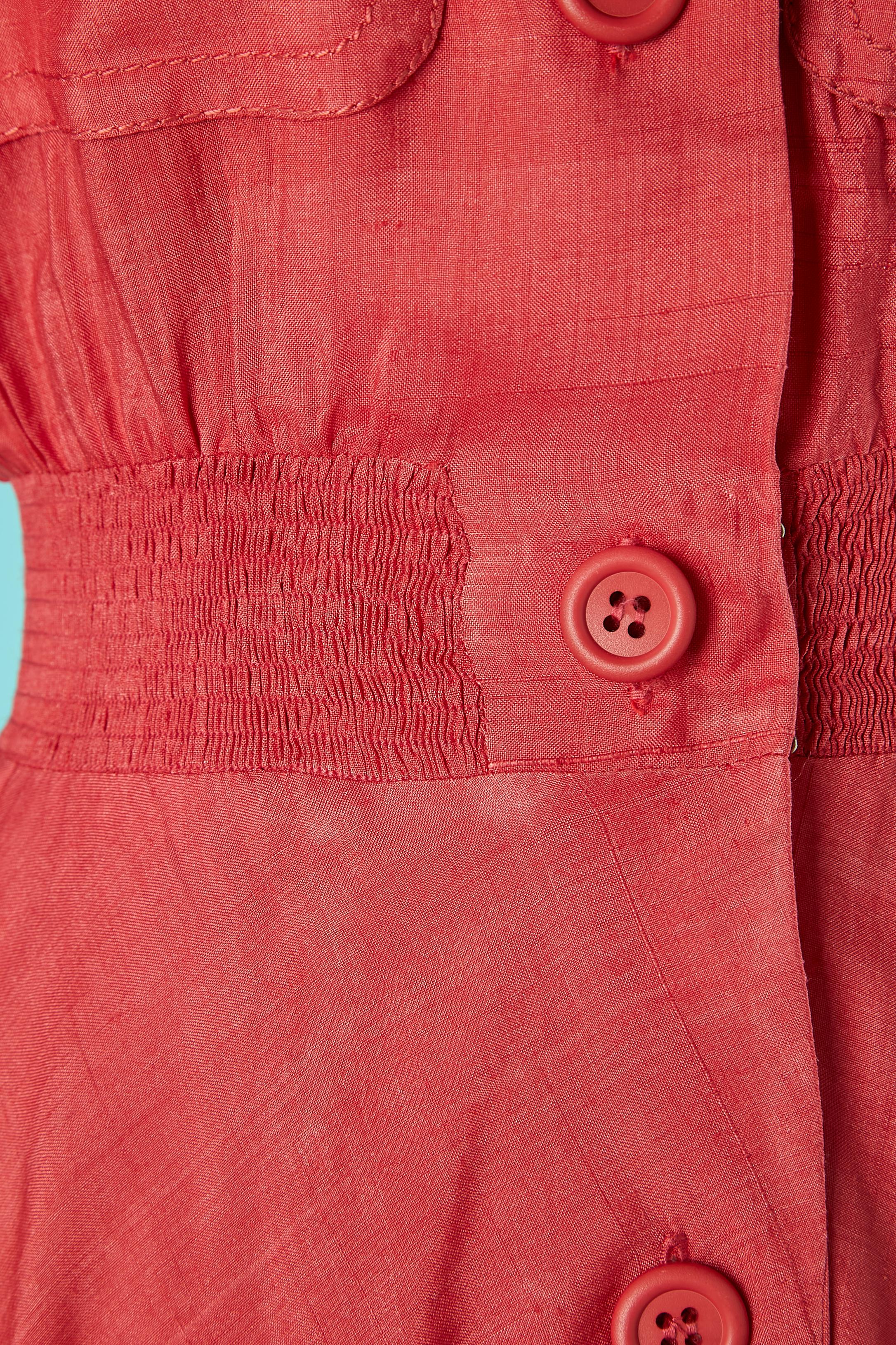 Rouge Robe de jour en soie grège Corral avec taille smockée Ted Lapidus en vente