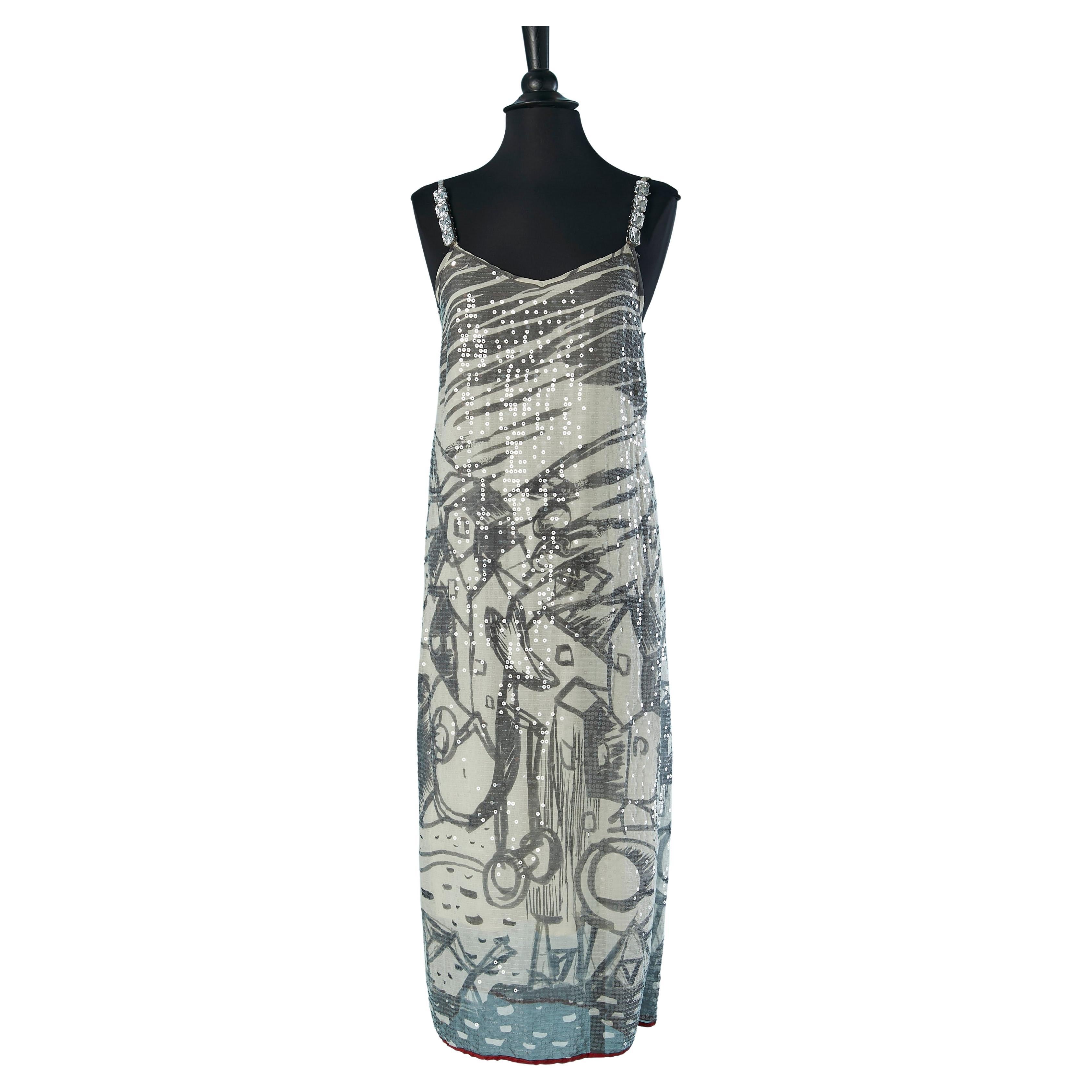 Robe du soir en soie imprimée et paillettes transparentes Tsumori Chisato en vente