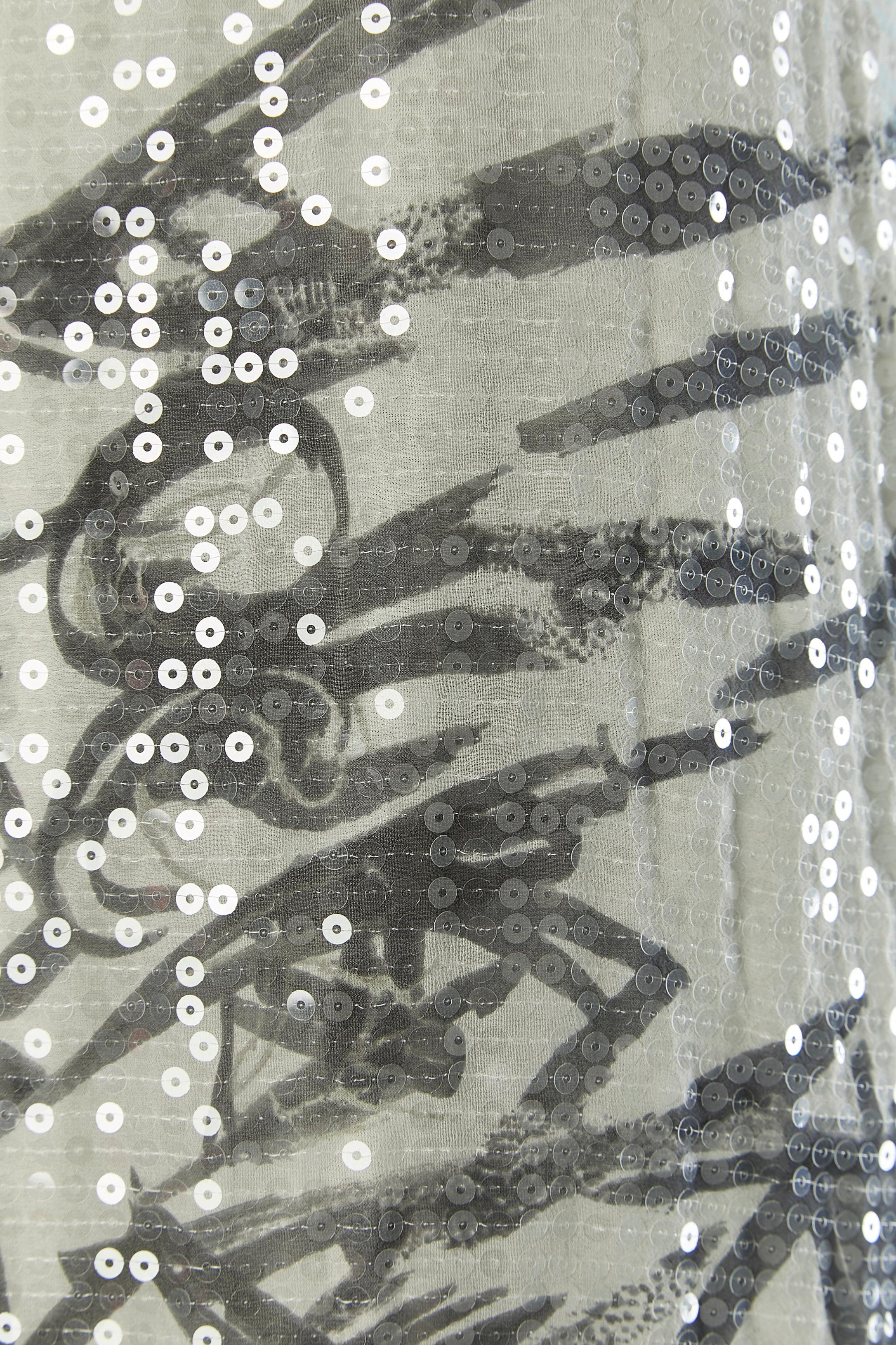 Gris Robe du soir en soie imprimée et paillettes transparentes Tsumori Chisato en vente