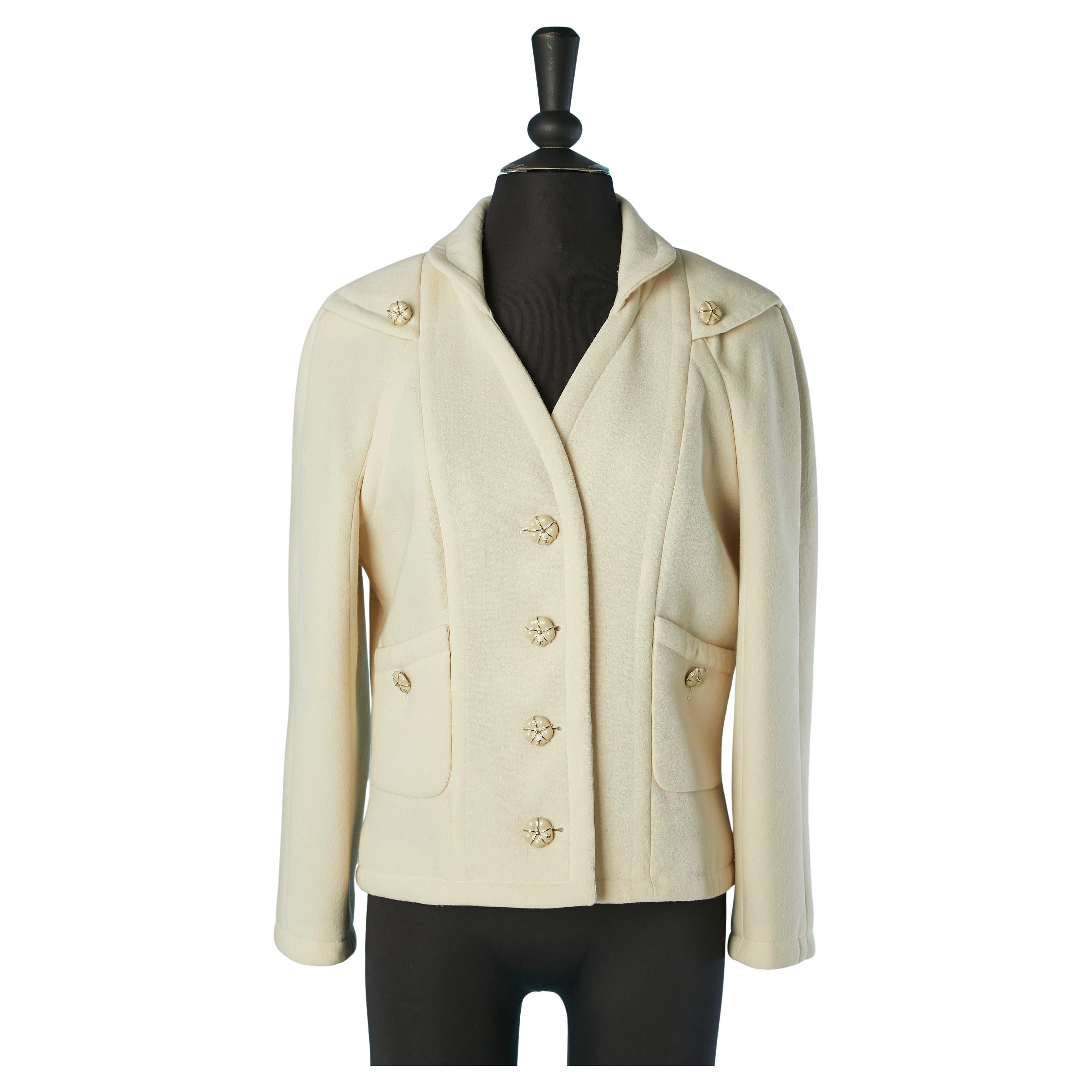 Ivory wool single-breasted jacket with camelia buttons CHANEL 2009 For Sale