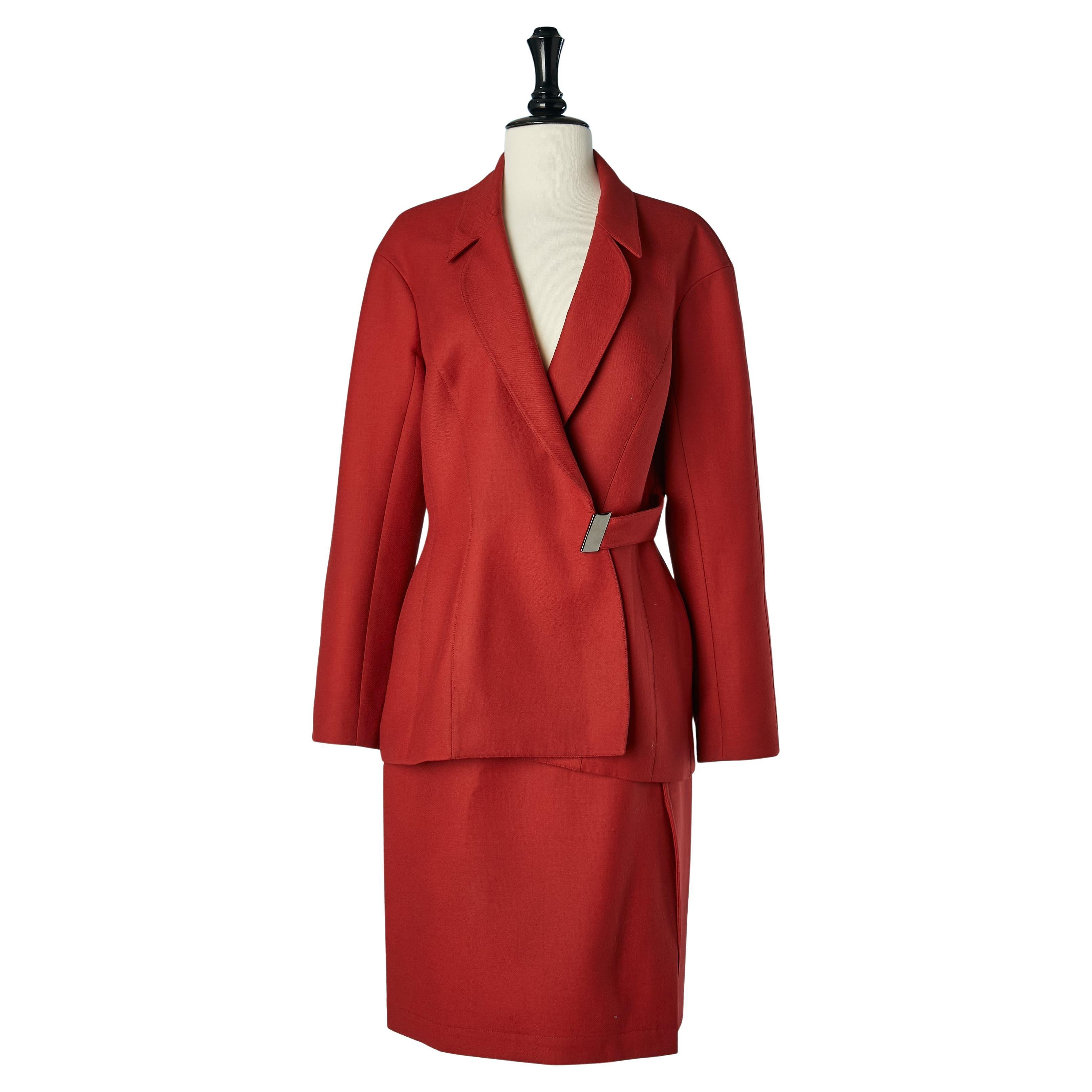 Tailleur con gonna in lana rossa e giacca a doppio petto Thierry Mugler