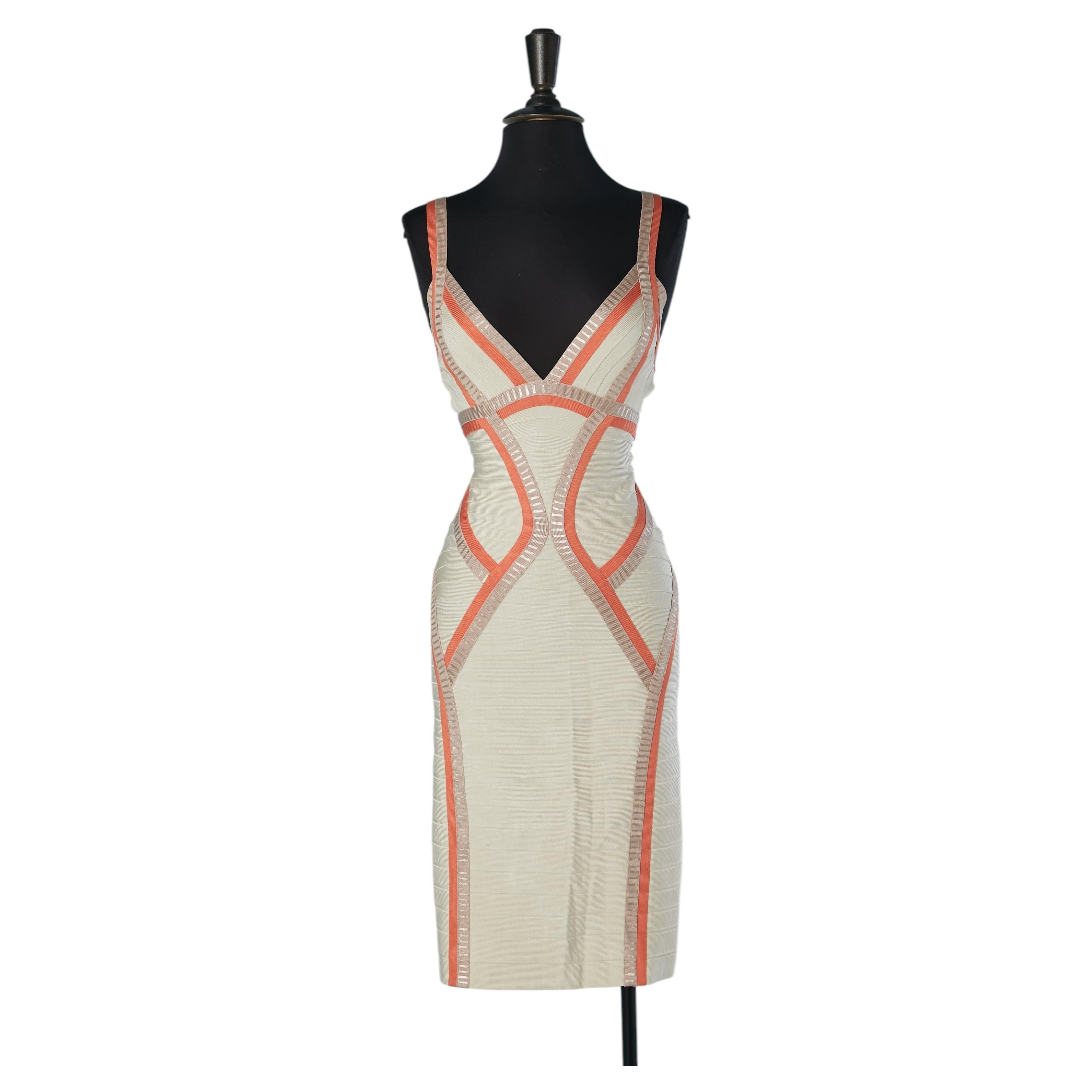 Vestido de cóctel de rayón en estilo vendaje, en tonos beige y naranja, de HERVE LEGER en venta