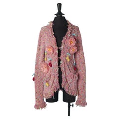 Pink knit cardigan with raffia and crochet embellishment JOHN GALLIANO