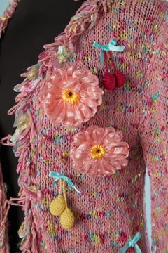 Pink knit cardigan with raffia and crochet embellishment JOHN GALLIANO