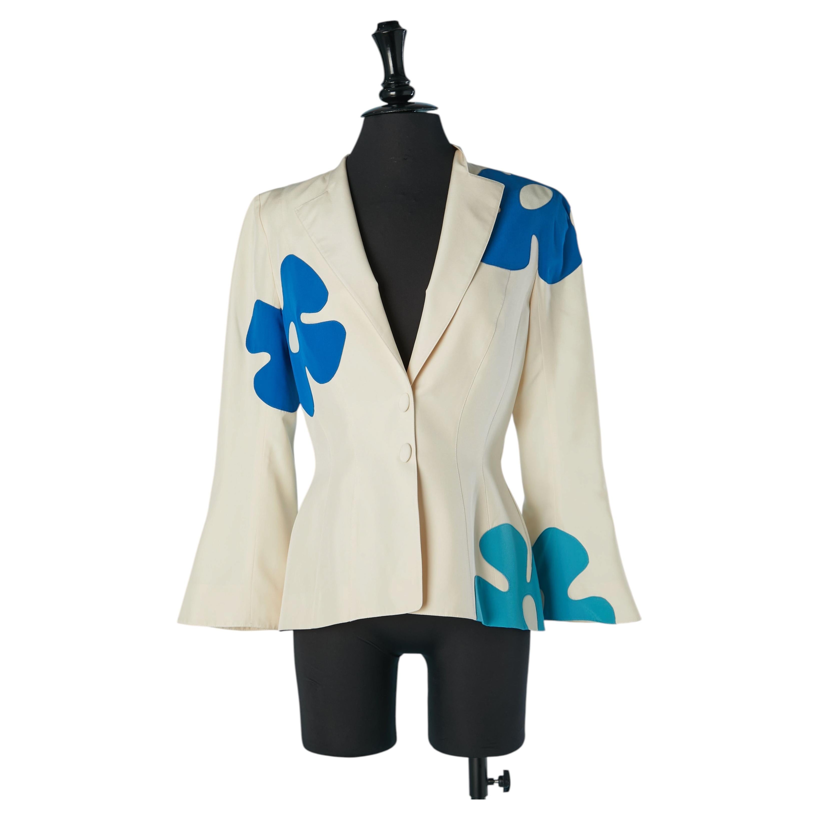 Giacca monopetto in seta color avorio con applicazione floreale blu THIERRY MUGLER in vendita