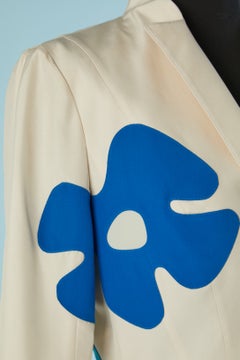 Off-white silk single breasted jacket with blue flower appliqué THIERRY MUGLER