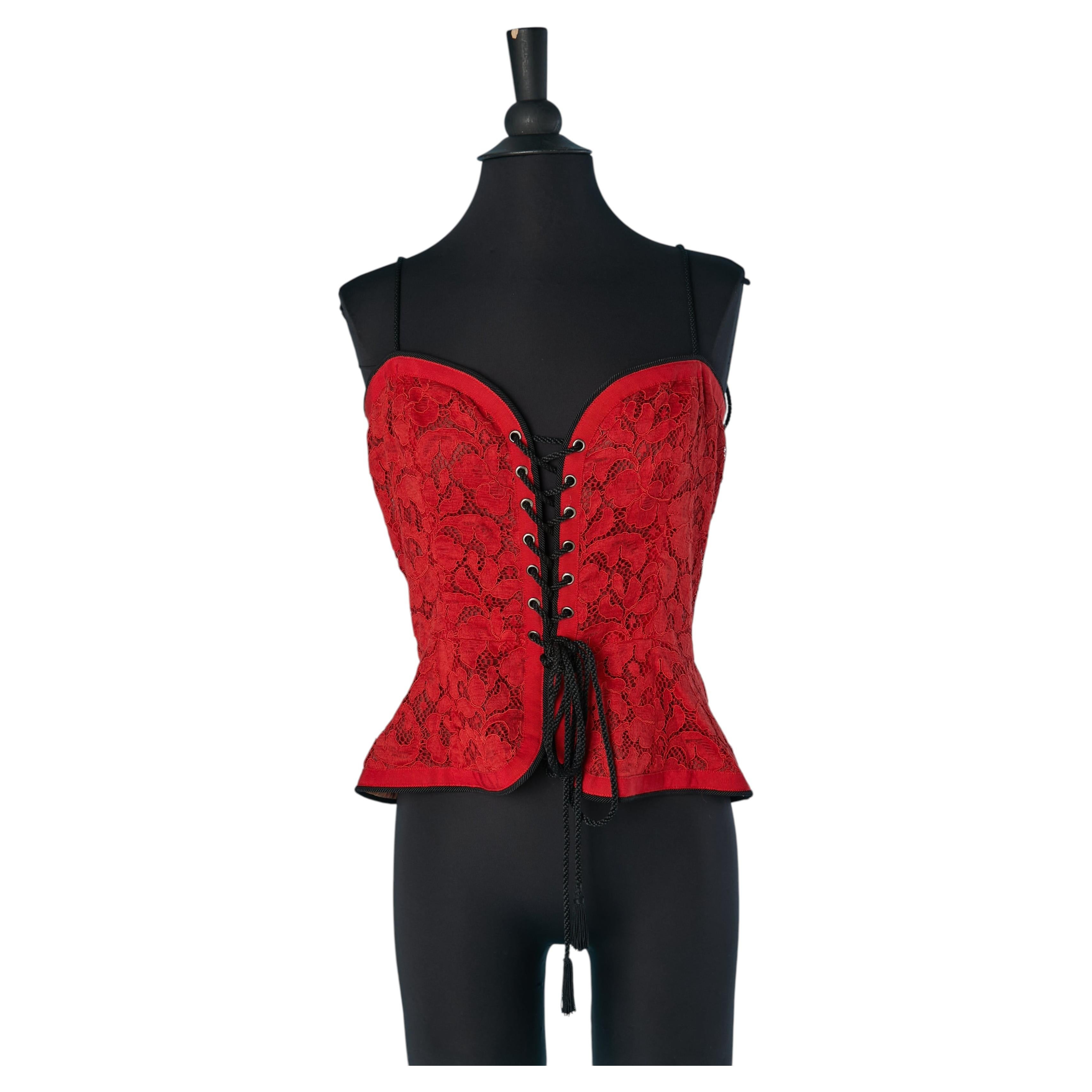 Rotes Spitzen-Bustier mit schwarzen Schnürungen auf der Vorderseite – YVES SAINT LAURENT RIVE GAUCHE im Angebot