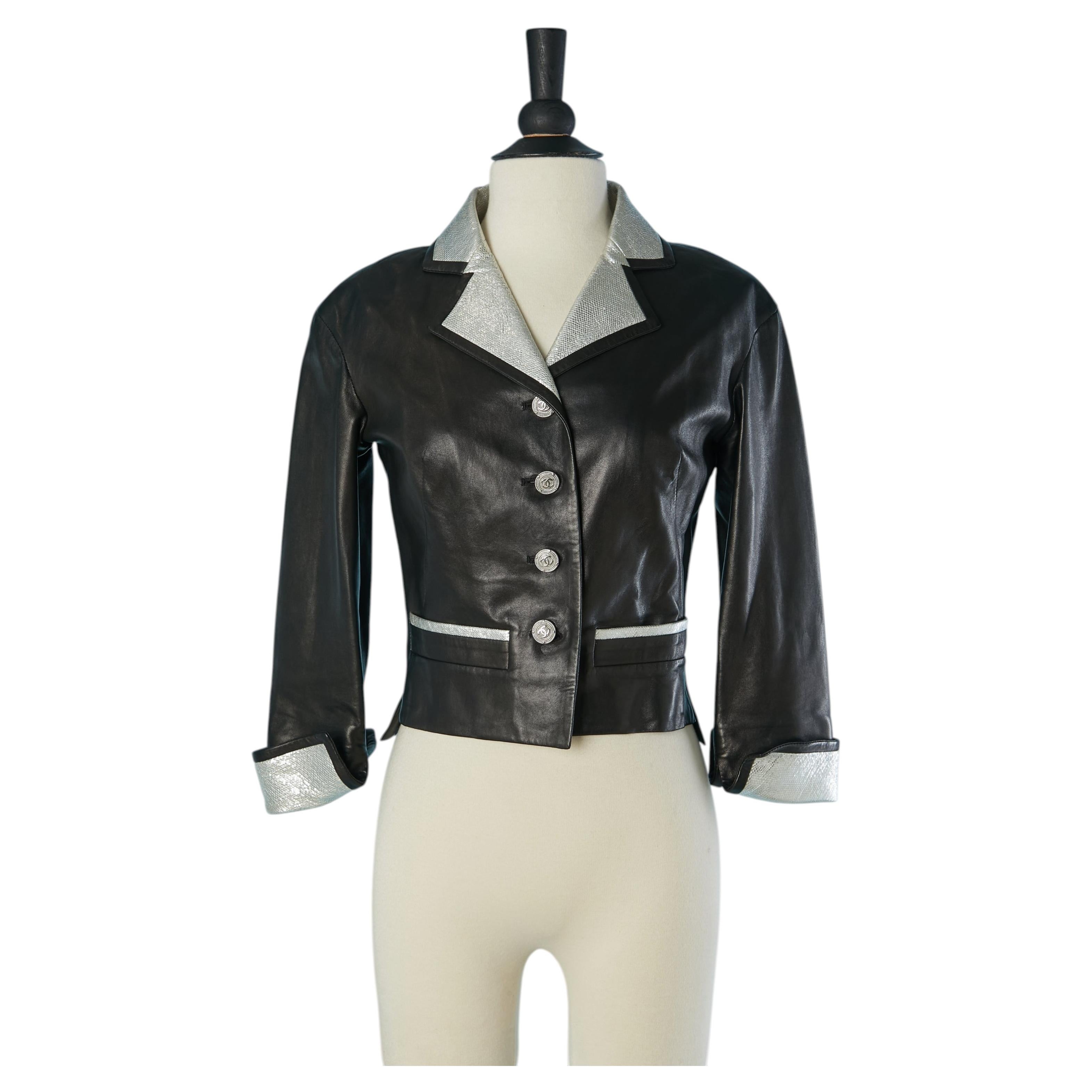 Black leather jacket with silver leather collar CHANEL For Sale