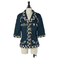 Navy blue short sleeve jacket with check Tweed edge CHANEL