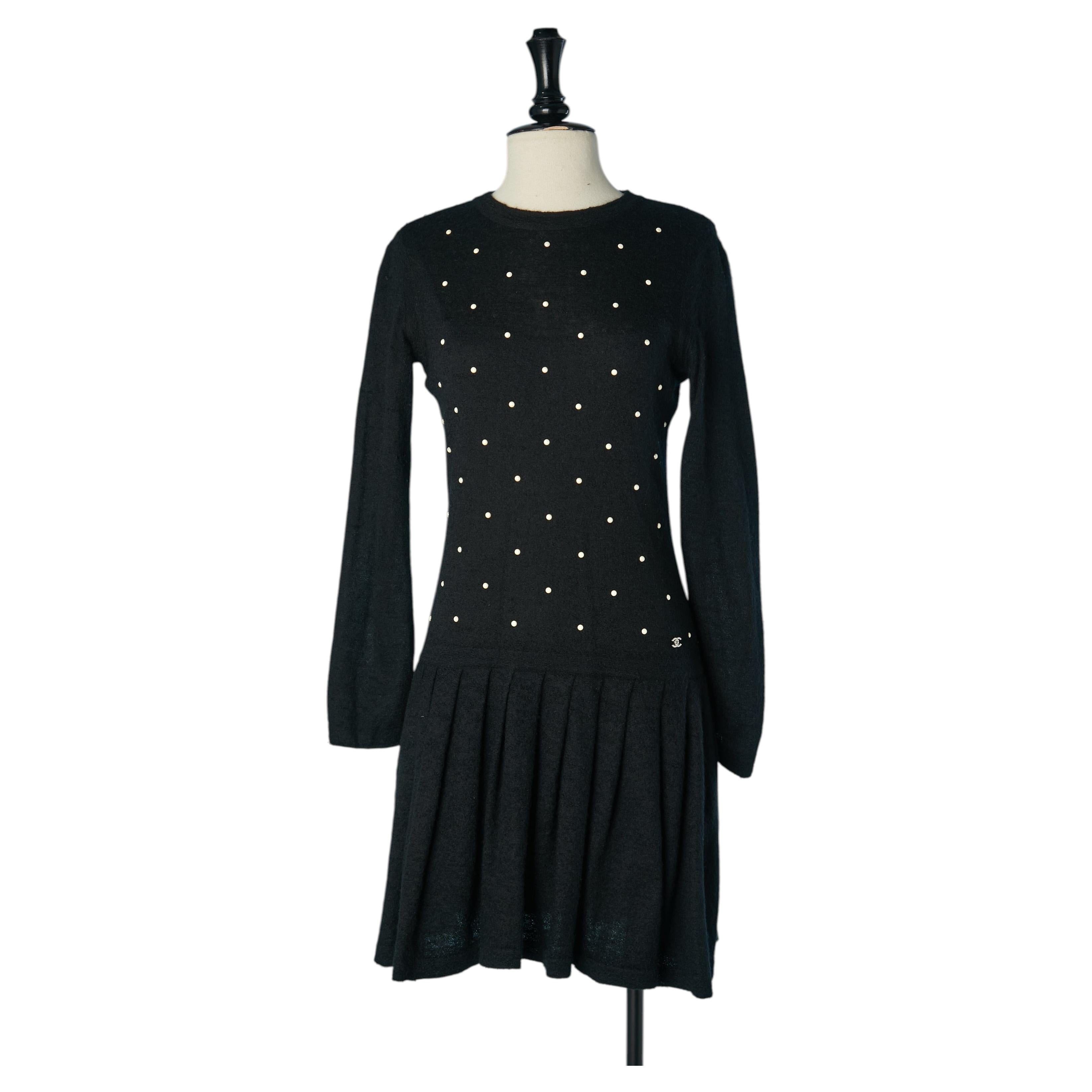 Black knit cocktail dress with pearl appliqué CHANEL For Sale